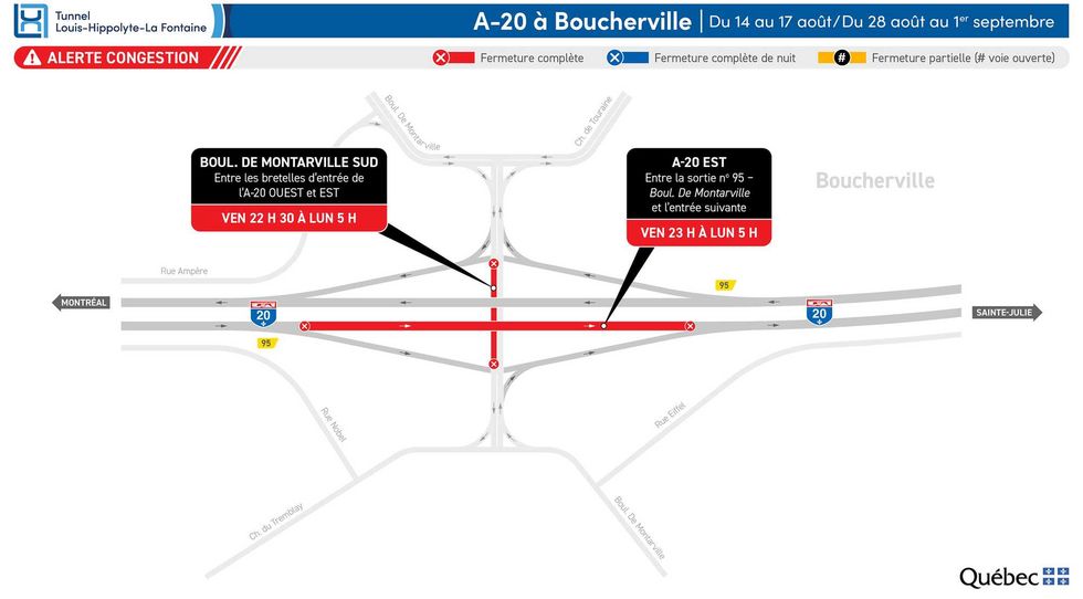 Un graphique de travaux annonc\u00e9s sur l'autoroute 20.