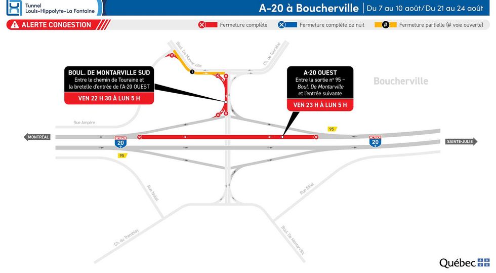 Un graphique de travaux annonc\u00e9s sur l'autoroute 20.