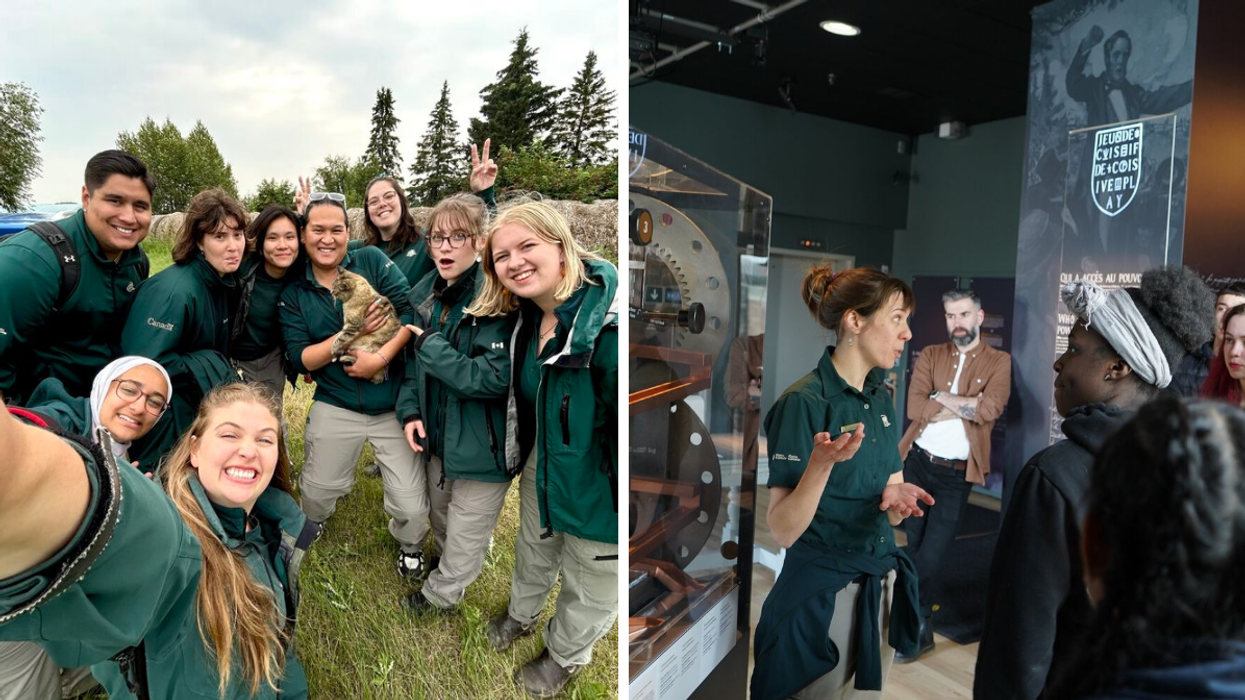 Un groupe d'employés de Parc Canada. Droite : Une personne qui travaille dans un des lieux historiques nationaux au Québec.