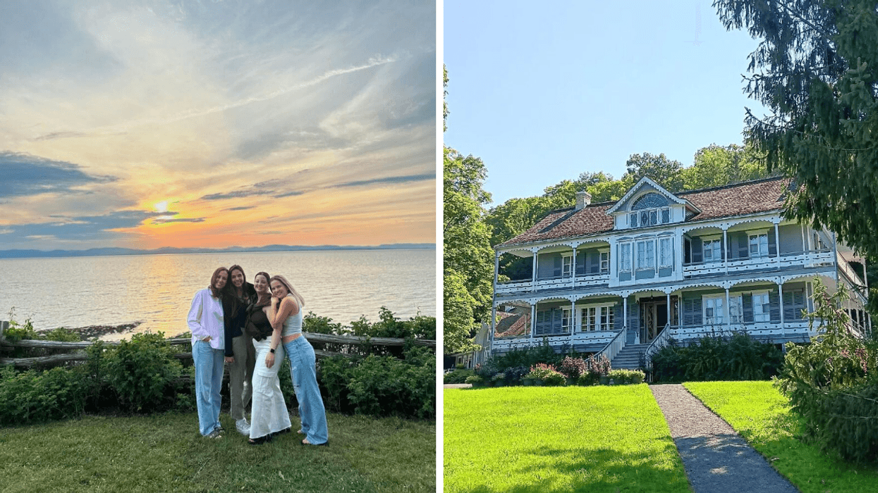 Un groupe de 4 amies au bord de l'eau. Droite : Une maison.
