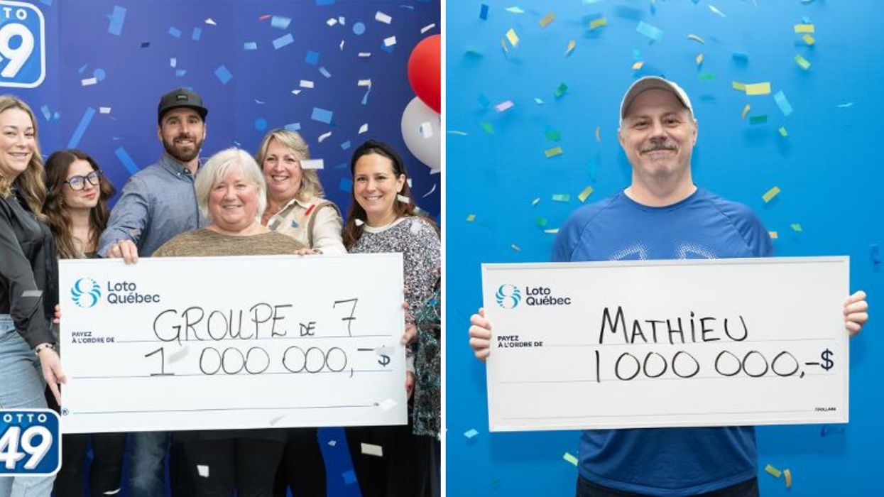 Un groupe de 7 gagnants. Droite : un nouveau millionnaire de Loto-Québec.