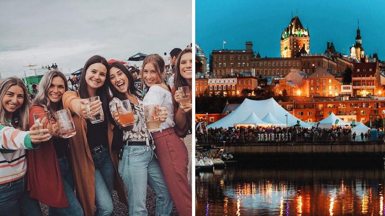 Un groupe de femmes pose avec leur chope de bières au Festival le Festibière à Québec. Droite : Une foule au Festibière sous les tentes.