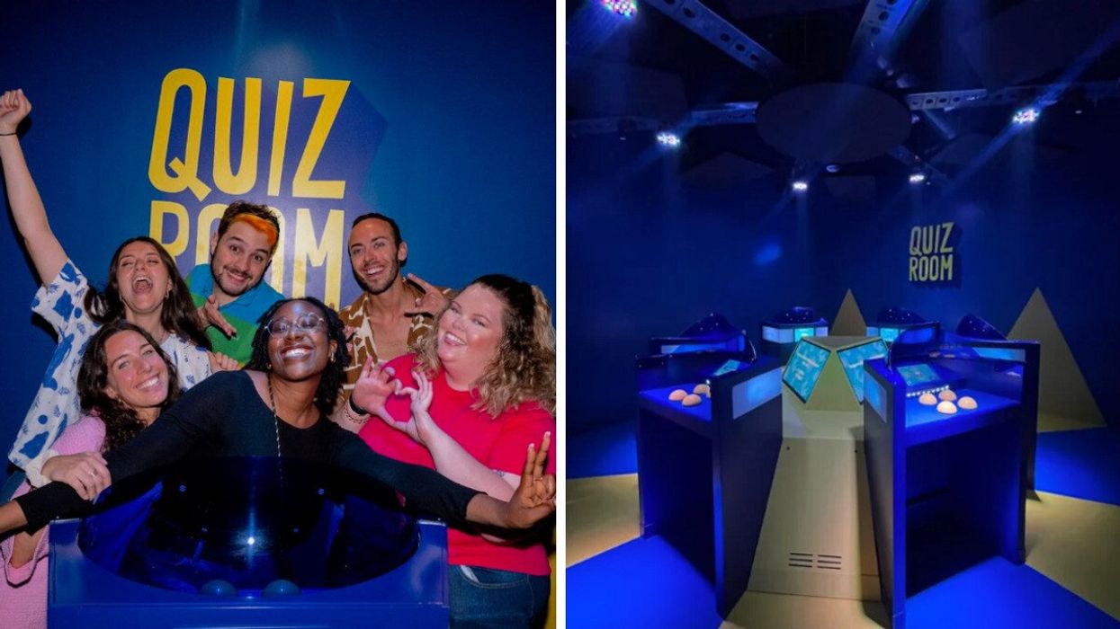 Un groupe de personnes au Quiz Room. Droite : La pièce du Quiz Room à Montréal.