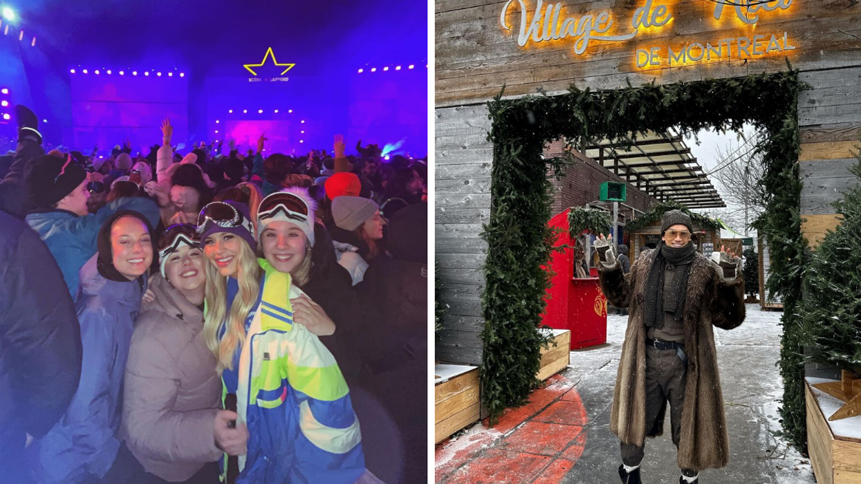 Un groupe en habit de neige à Igloofest Montréal. Droite : Une personne au Village de Noël de Montréal.
