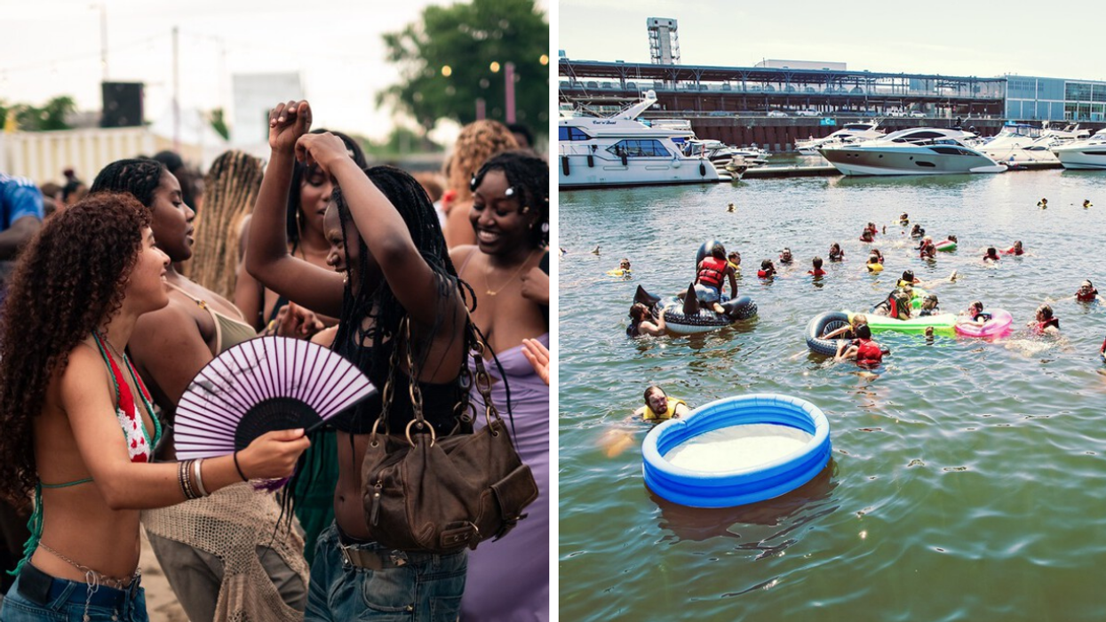 Un groupe qui danse. Droite : Des gens qui se baignent au Vieux-Port de Montréal.
