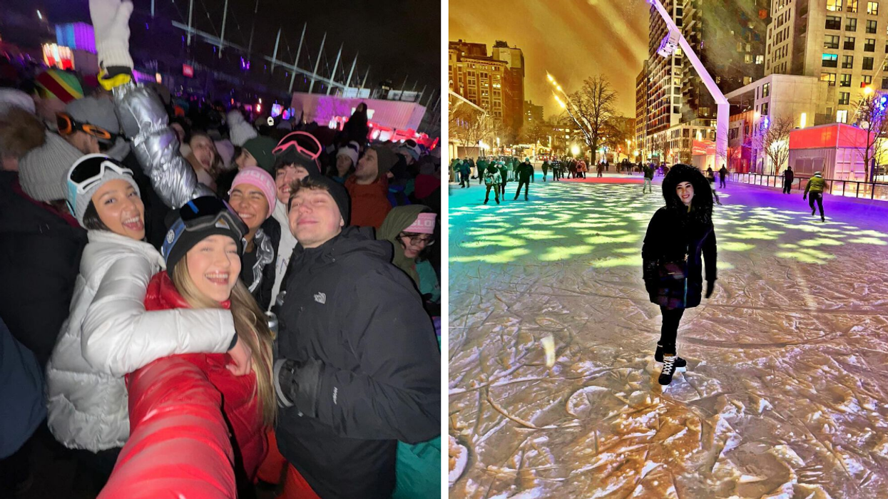 Un groupe qui fait le party à Igloofest. Droite : Une personne sur la patinoire illuminée de l'esplanade Tranquille.