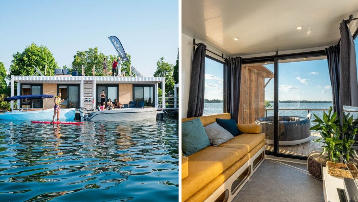 Un groupe sur un chalet flottant et une petsonne sur un paddle borad. Droite : L'intérieur d'un chalet flottant avec vue sur le spa et l'eau.