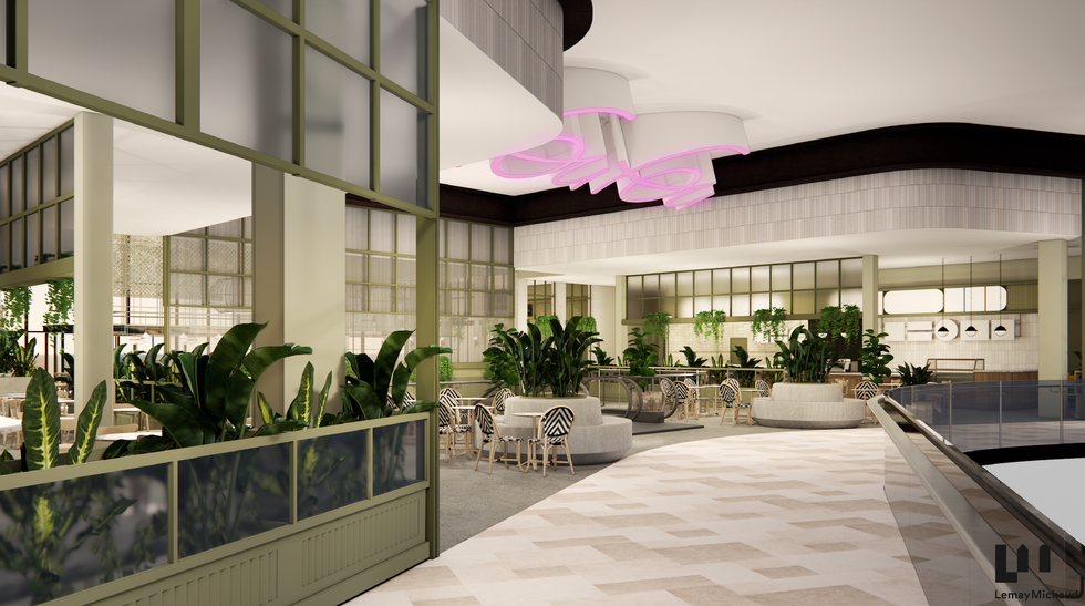 Un hall alimentaire \u00e9pur\u00e9 et lumineux avec de la verdure.