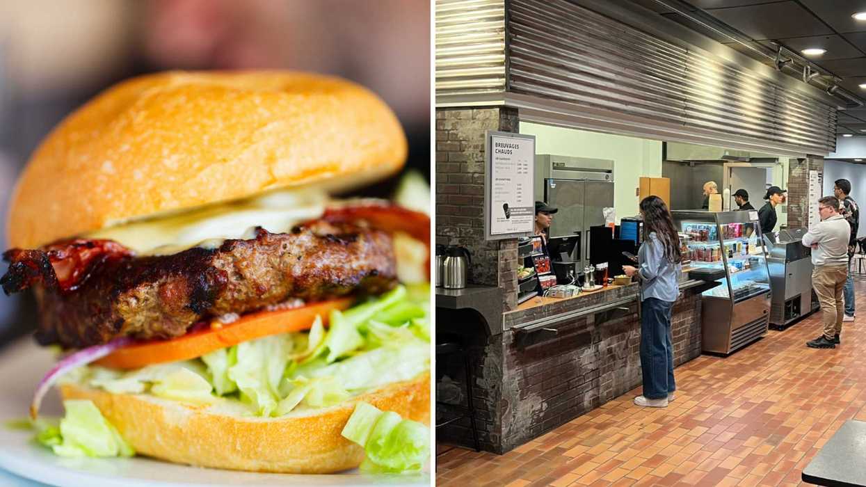 Un hamburger. Droite : Une cafétéria de Polytechnique Montréal