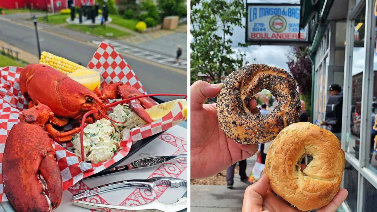Un homard du restaurant South Shore Fish Shack. Droite : Des bagels du St-Viateur.