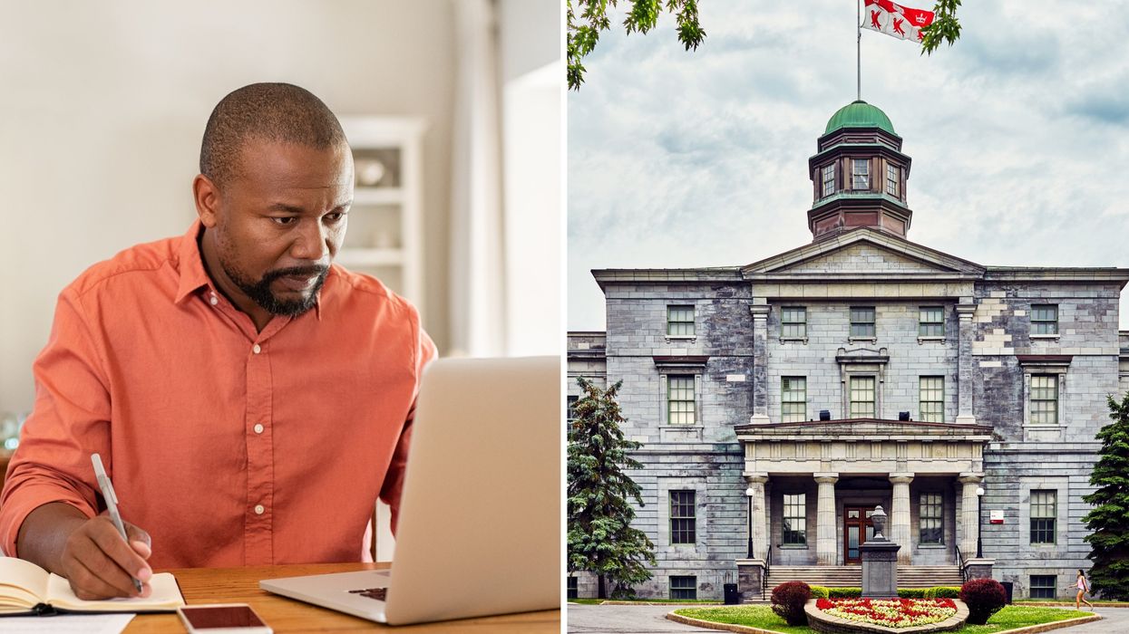 Un homme à l'ordinateur. Droite : l'Université McGill.