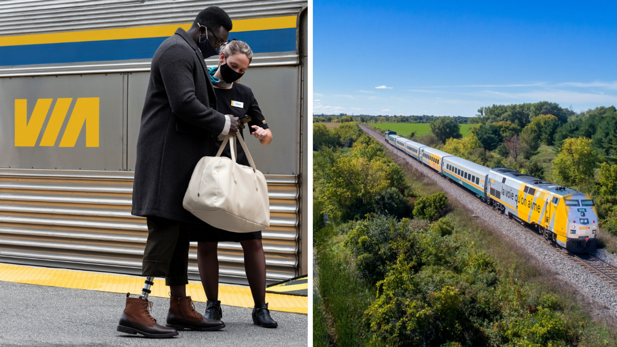 Un homme avec une prothèse de jambe et une femme vérifient un téléphone cellulaire. Droite : Un train VIA Rail en campagne.
