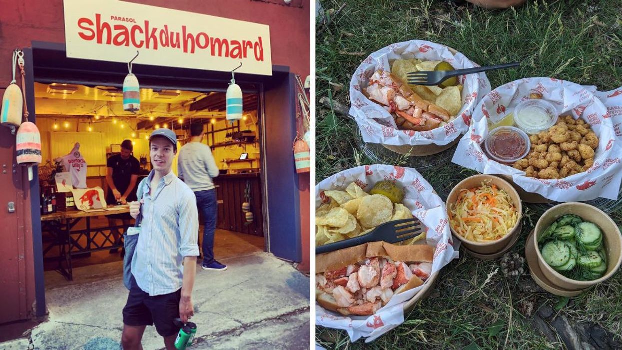 Un homme de tenant debout devant le Parasol : Shack du homard. Droite : Aperçu du menu du Parasol : Shack du homard.