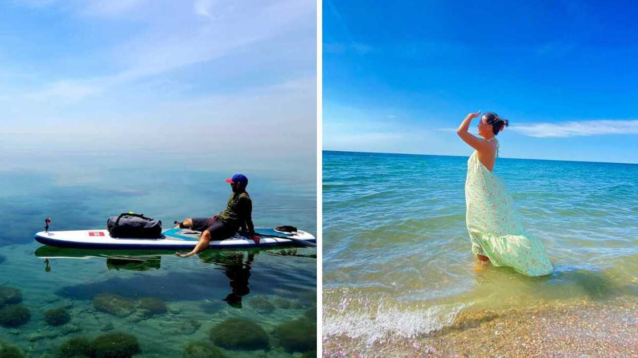 Un homme en paddle au parc provincial Darlington. Droite : Une femme sur la plage du parc provincial Darlington en Ontario.