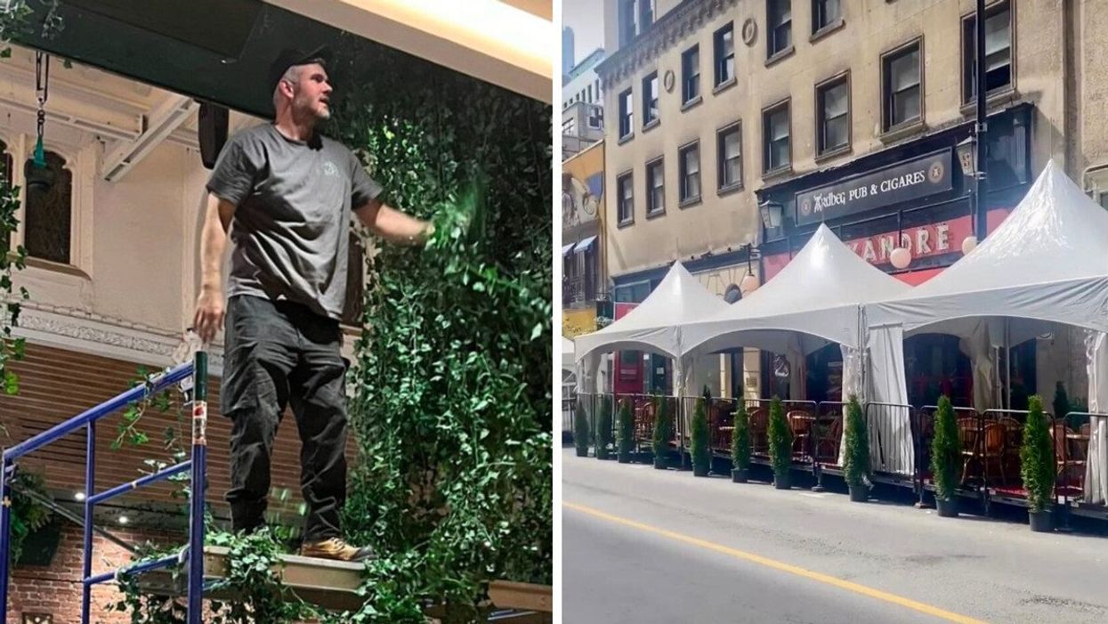 Un homme est dans un échafaud, entouré de verdure. Droite : des chapiteaux devant un resto à Montréal.
