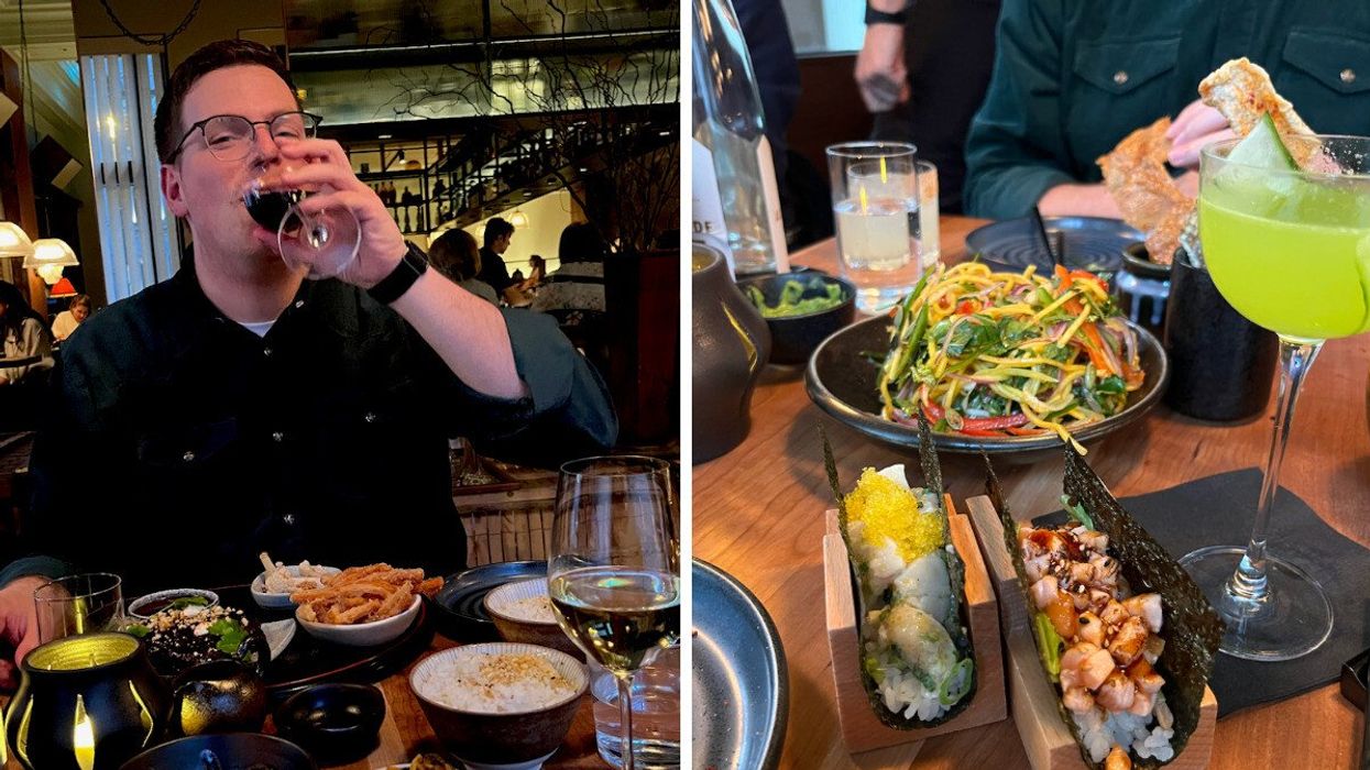 Un homme mange au restaurant. Droite : des mets japonais.