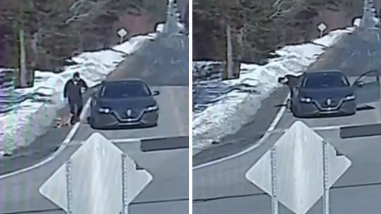 Un homme qui laisse un chat sur le bord de la route. Droite : L'homme à côté de sa voiture.