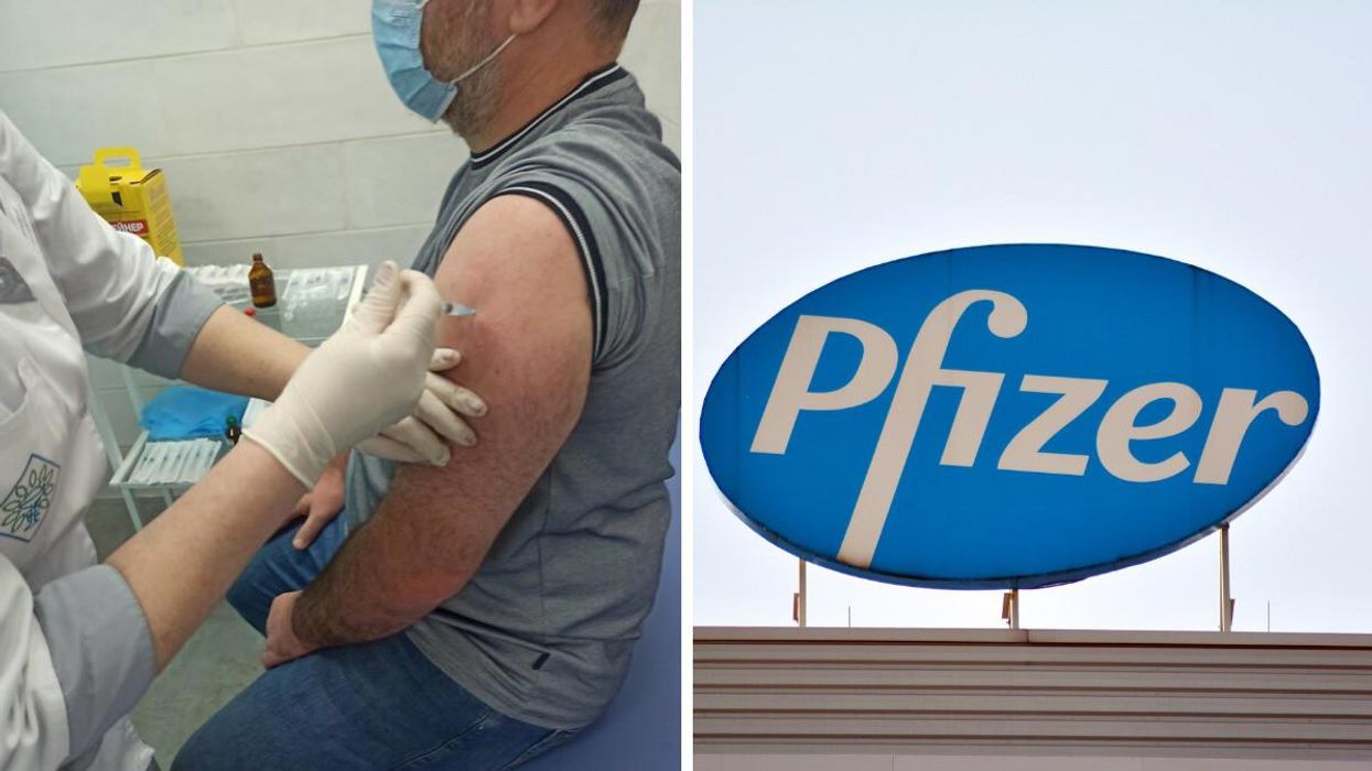 Un homme reçoit un vaccin. Droite : Logo de Pfizer.