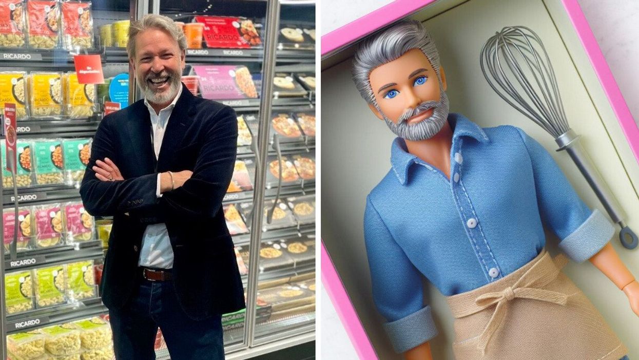 Un homme se tient debout devant des frigos remplis de produits de la marque Ricardo. Droite: Un photo montage d'une poupée Barbie masculine dans une boîte rose avec un fouet.