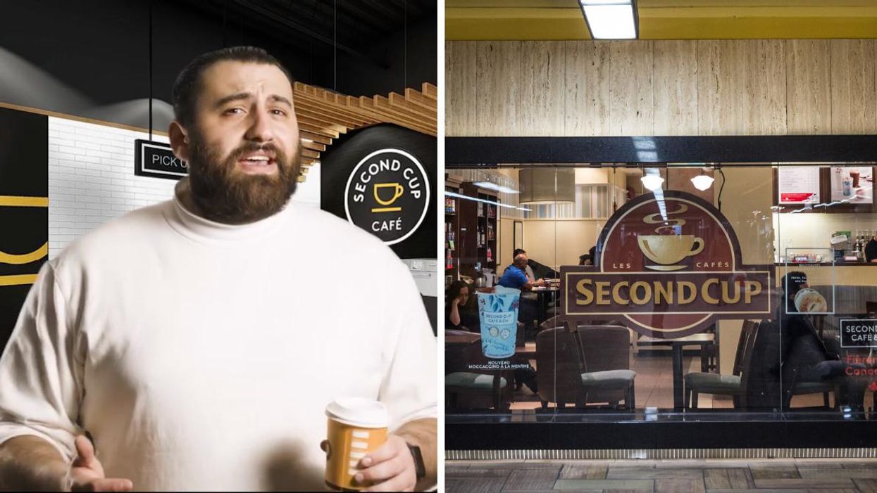 Un homme tenant un café dans une publicité de Second Cup. Droite : la façade d'un Second Cup.