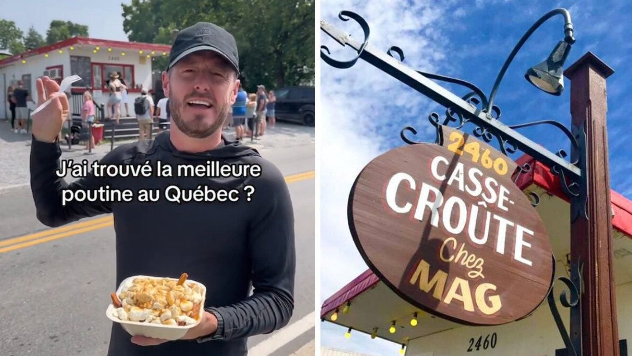 Un homme tient une poutine devant un casse-croûte. Droite : logo du casse-croûte Chez Mag.