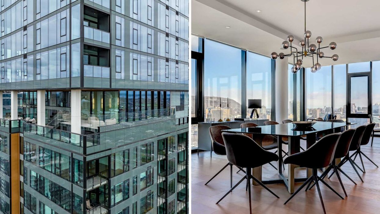 Un immeuble. Droite : une salle à manger.