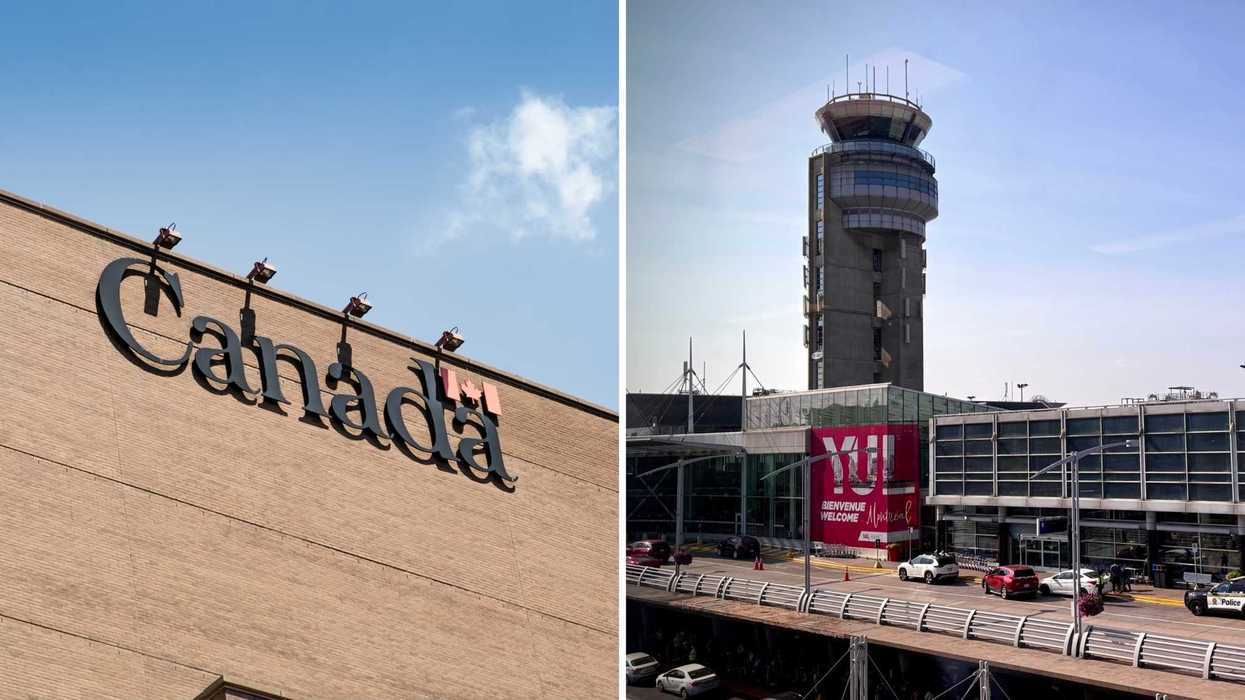 Un immeuble du gouvernement du Canada. Droite : l'aéroport de Montréal.