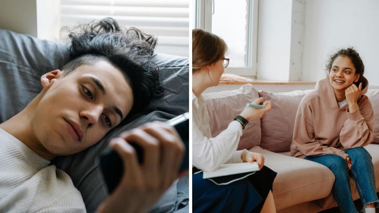 Un jeune homme regarde un téléphone. Droite : Une jeune femme parle à une thérapeute.