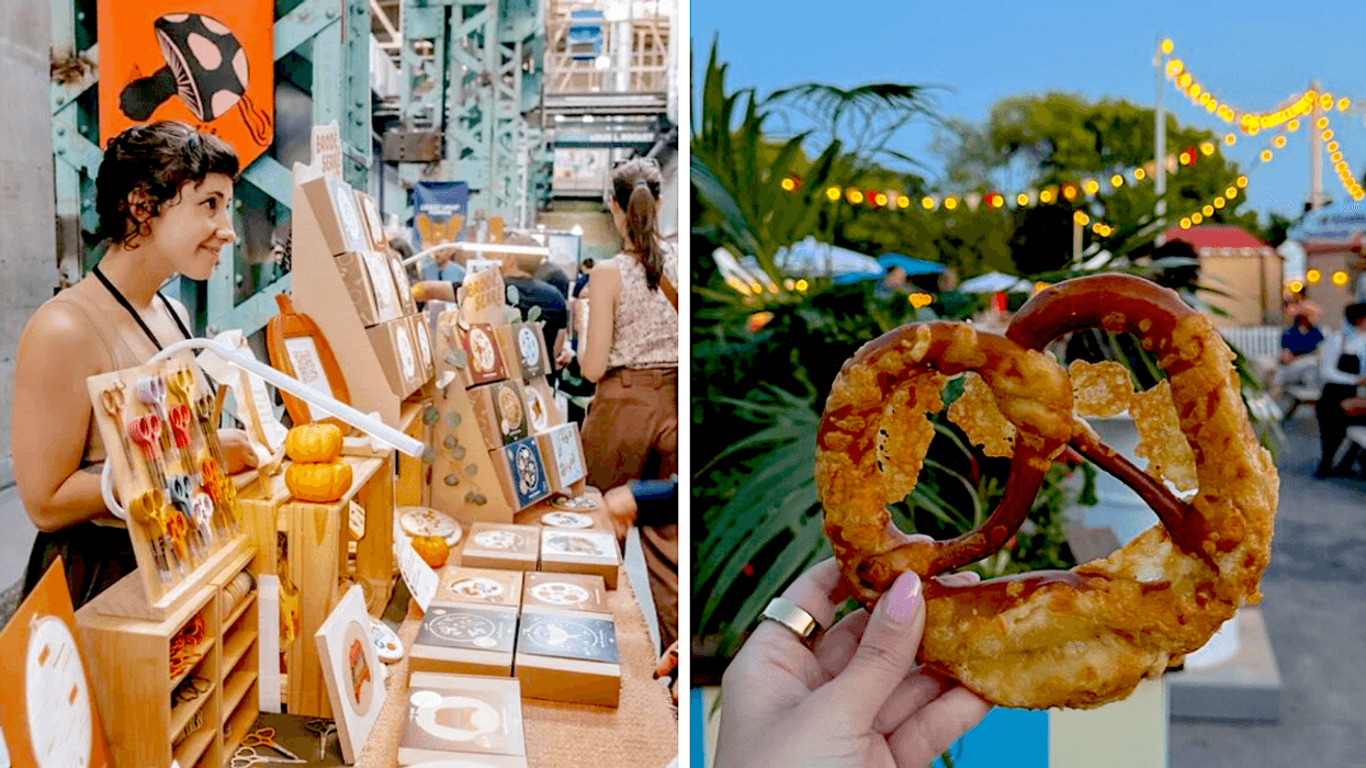 Un kiosque du Marché d’automne du Collectif Créatif Montréal en 2025. Droite : Un bretzel.