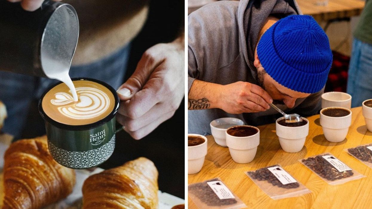 Un latte de la marque de café Saint-Henri. Droite : Un homme qui sent les cafés.