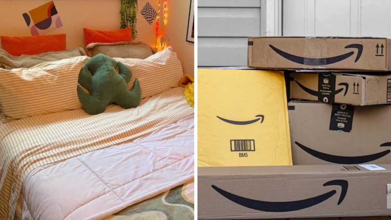 Un lit. Droite : Des boites de livraison Amazon Prime.