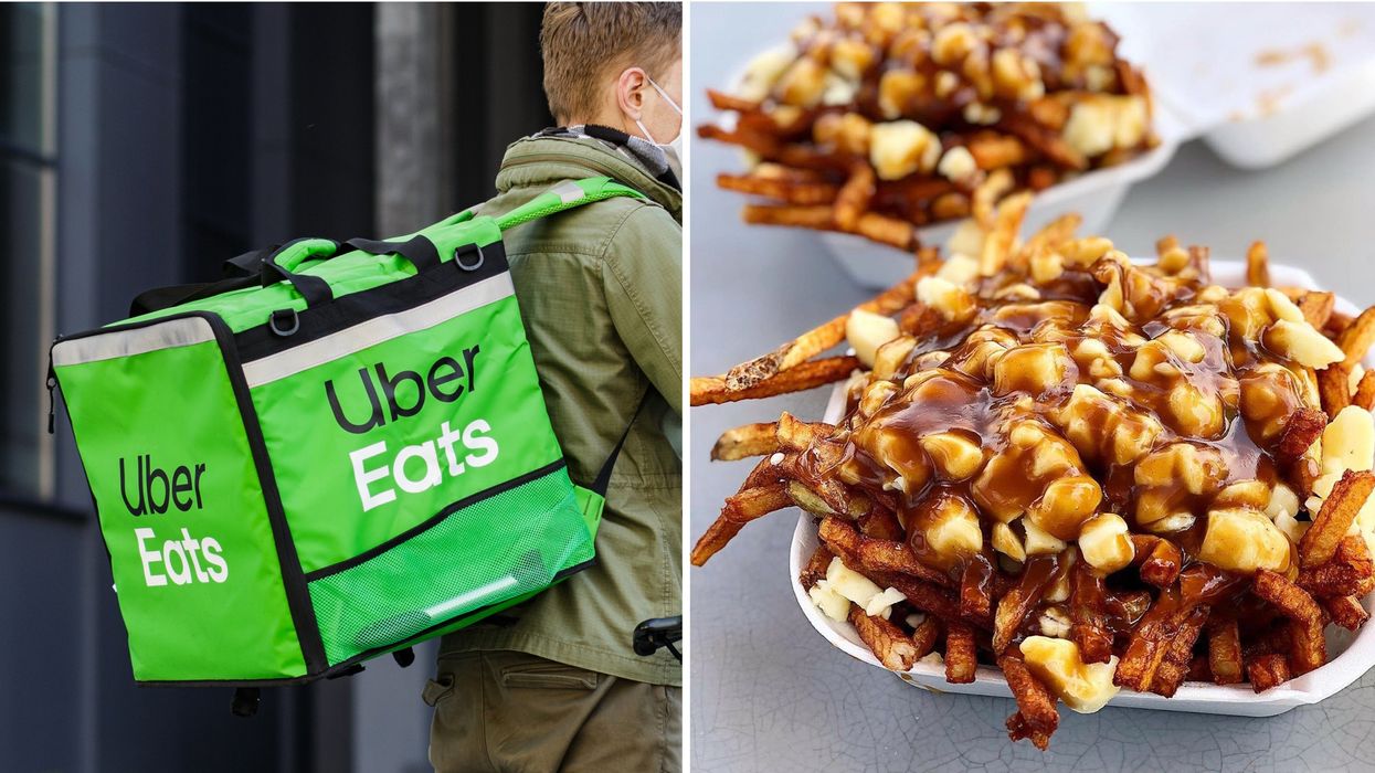 Un livreur d'Uber Eats. Droite : une poutine.