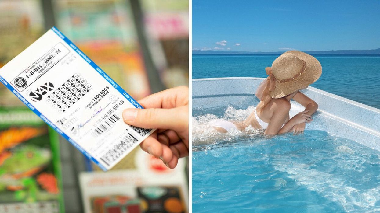Un main tient un billet du Lotto Max. Droite : une personne en bikini blanc avec un chapeau de paille dans un jacuzzi devant la mer.