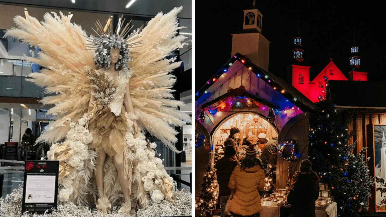 Un mannequin de Fleurs en Villes. Droite : Le Marché du Noël d'Antan de Cap-Santé.