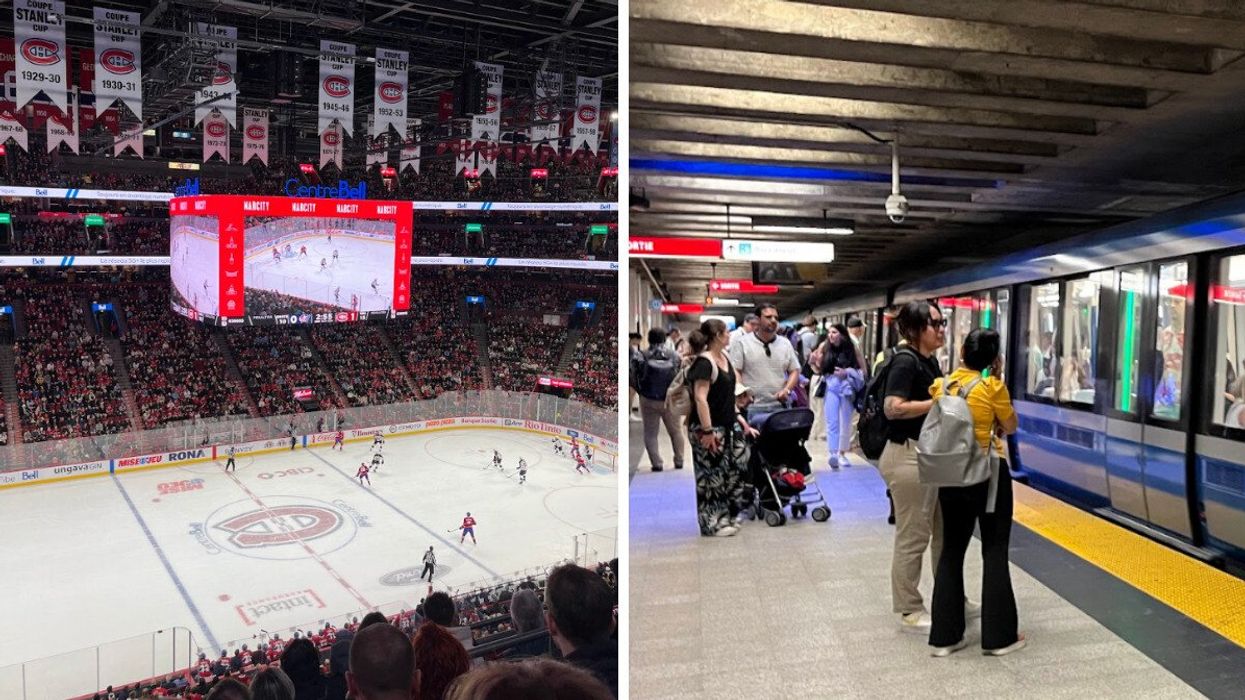 Un match du Canadien de Montréal au Centre Bell. Droite : Le métro de Montréal.