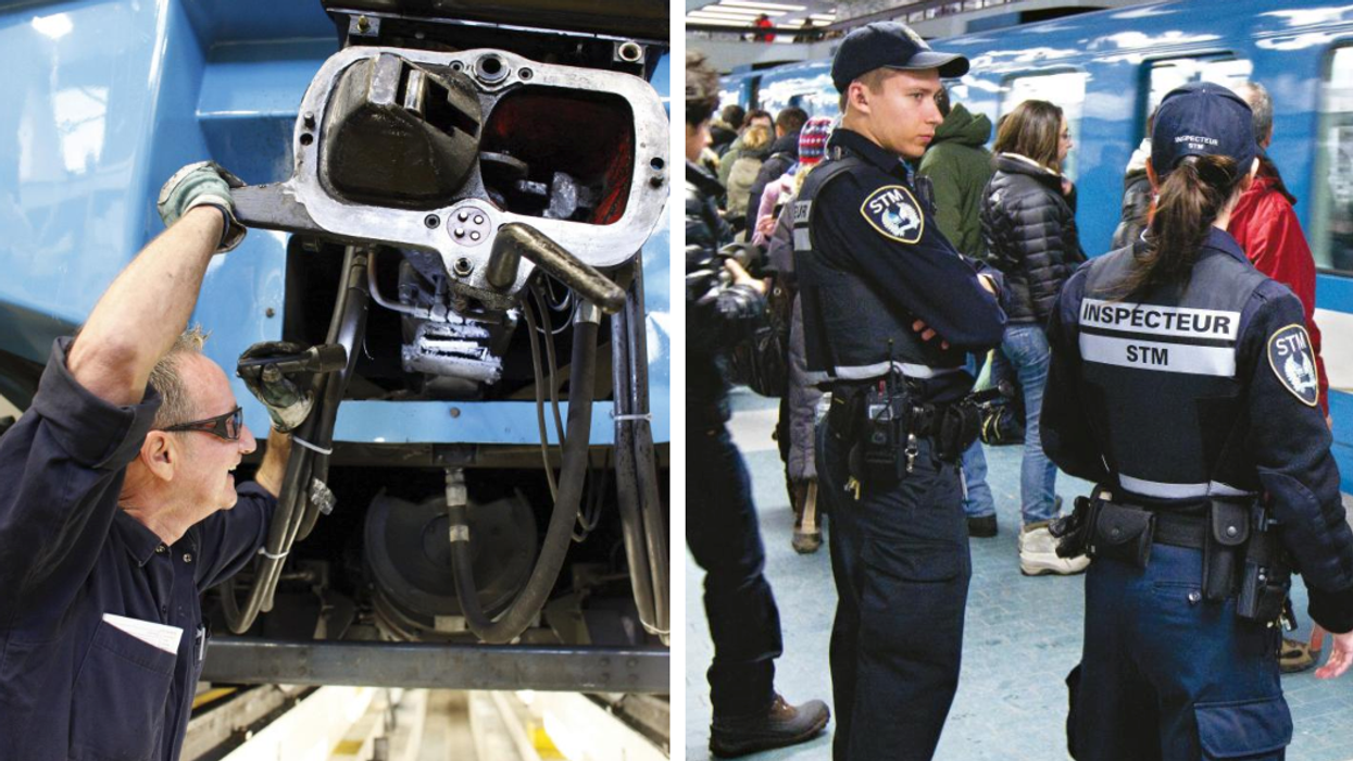Un mécanicien. À droite : des constables spéciaux de la STM.