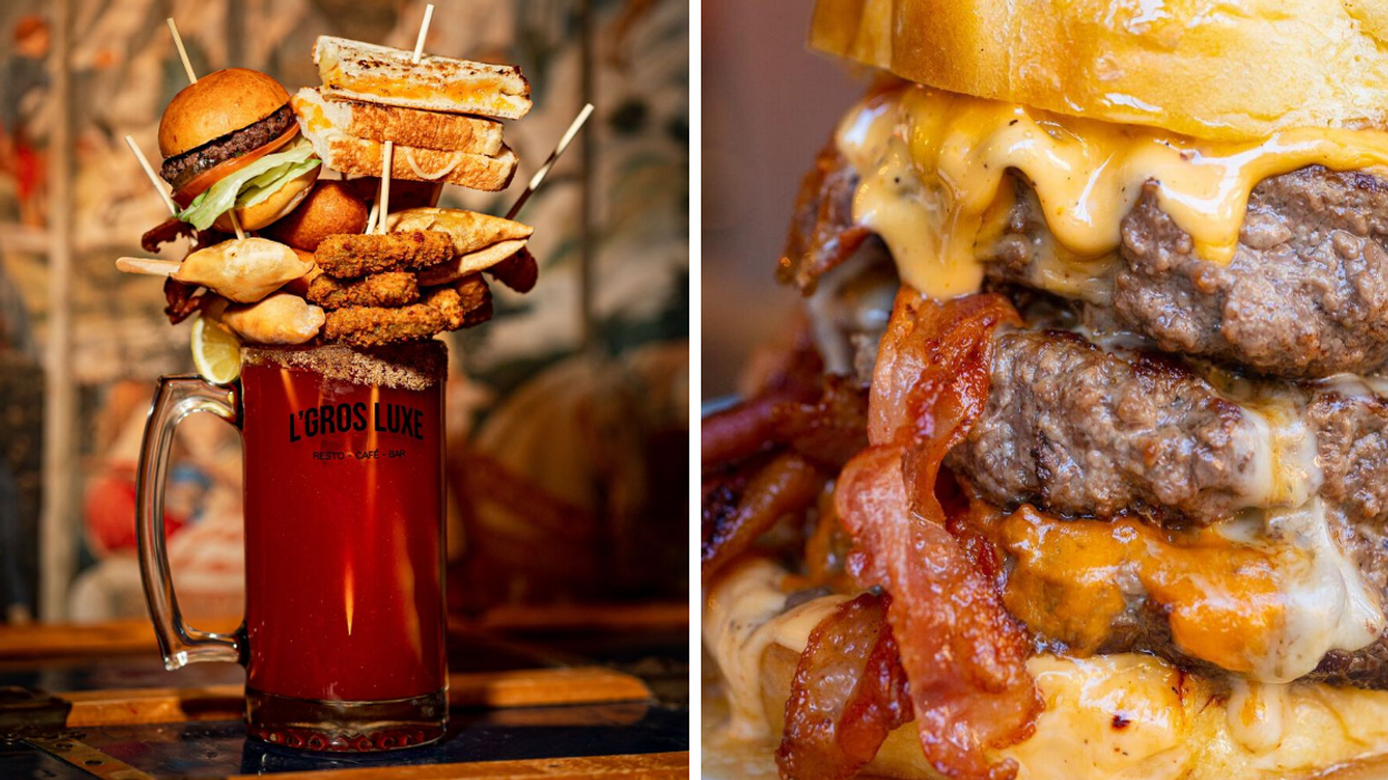 Un méga cocktail du L'Gros Luxe. Droite : Un burger du Notre-Boeuf-de-Grâce.