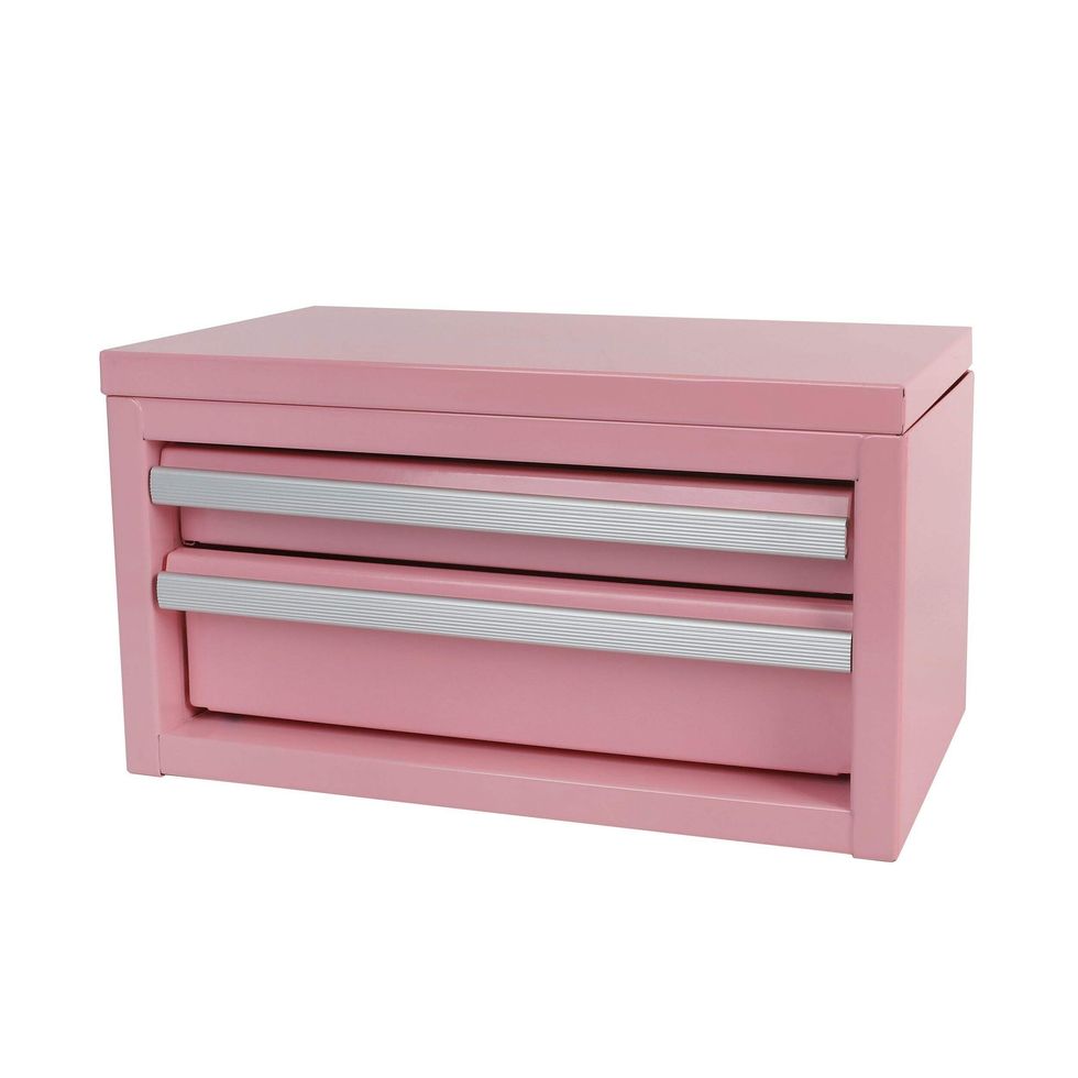 Un mini coffre \u00e0 outils Mastercraft rose.