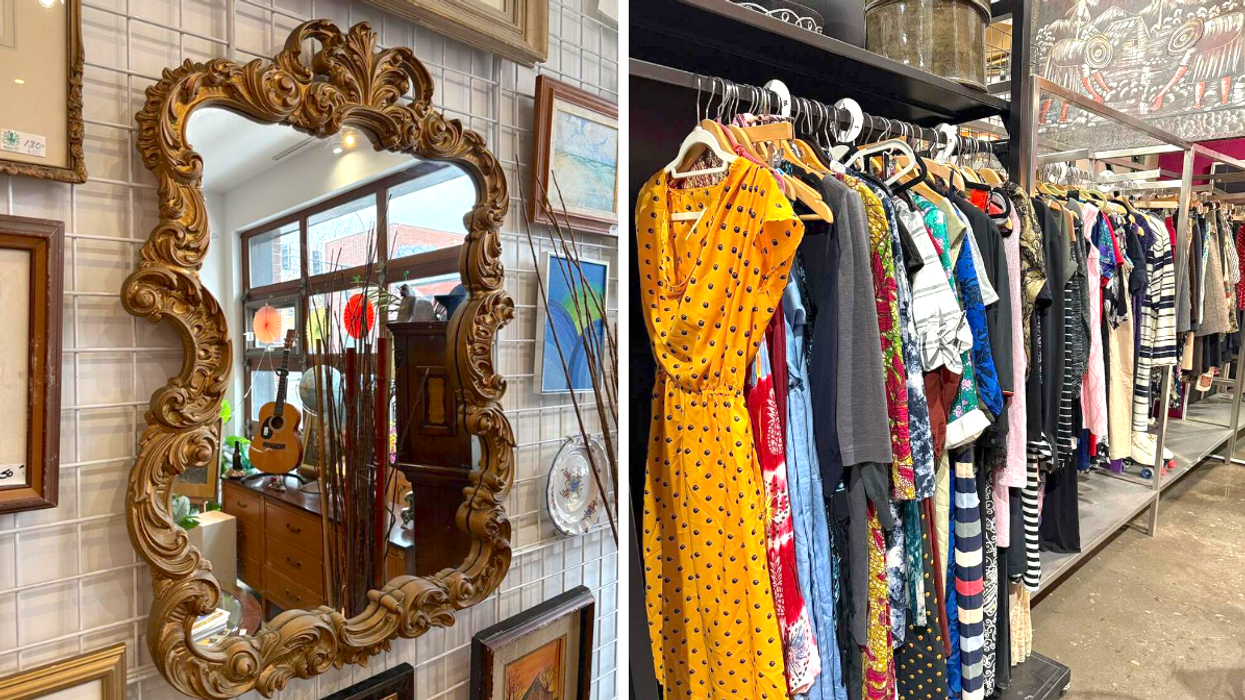 Un miroir dans une friperie. Droite : des vêtements seconde main.