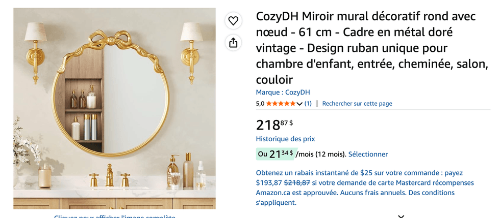 Un miroir rond dor\u00e9 avec une boucle sur le site d'Amazon Canada.