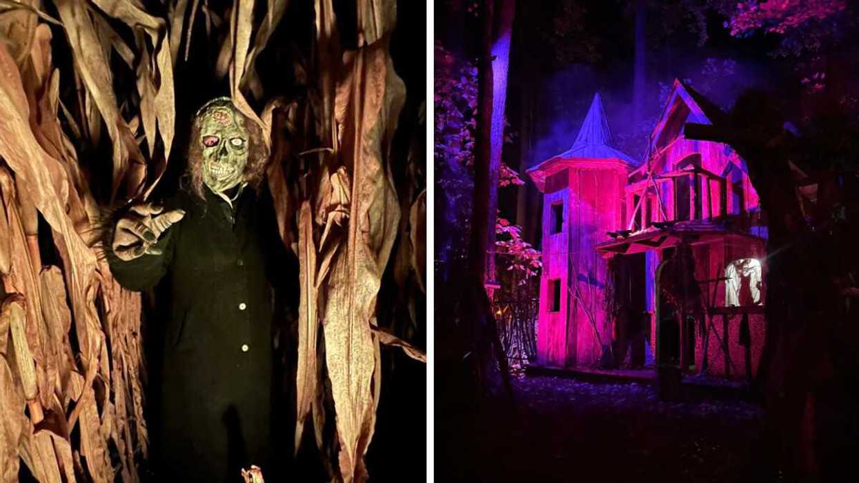 Un monstre dans le labyrinthe de La Belle de Coteau-du-Lac. Droite : L'Halloween à La Belle de Coteau-du-Lac.
