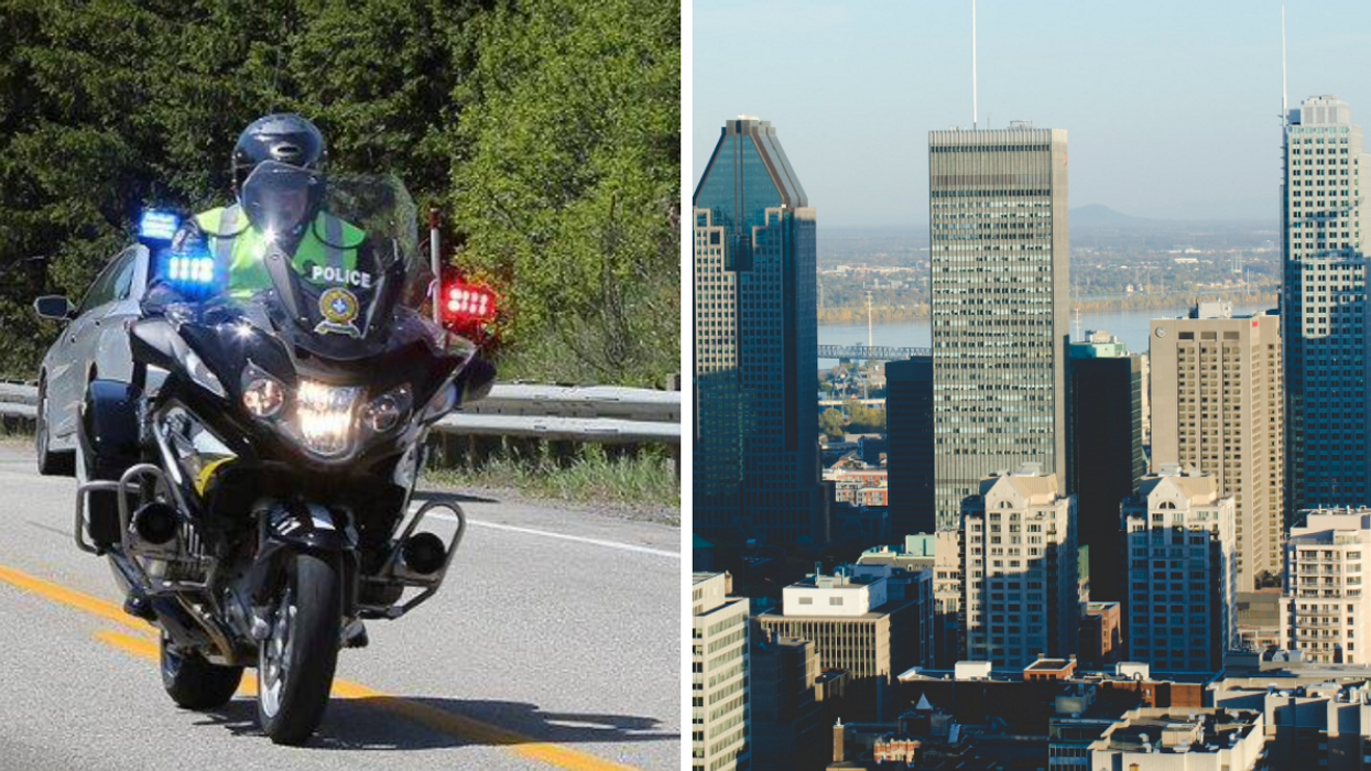 Un motard de la SQ. Droite : Montréal.