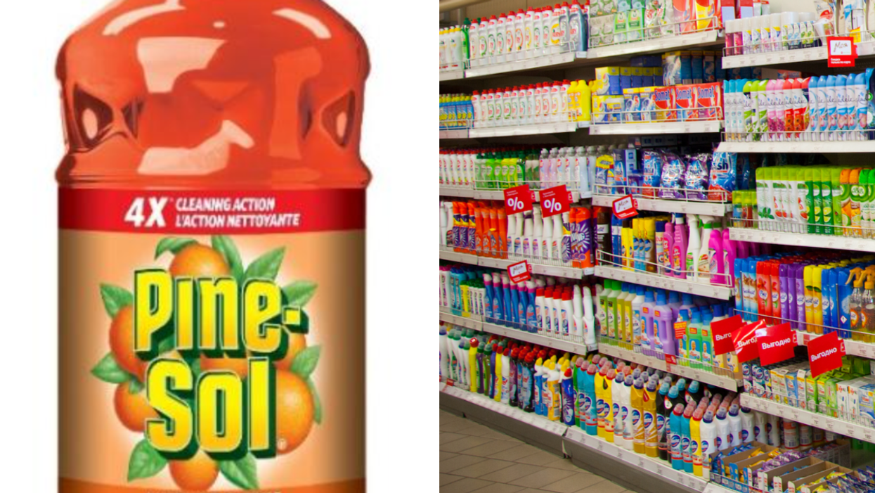 Un nettoyant Pine-Sol. Droite : Un rayon de nettoyants pour le sol.