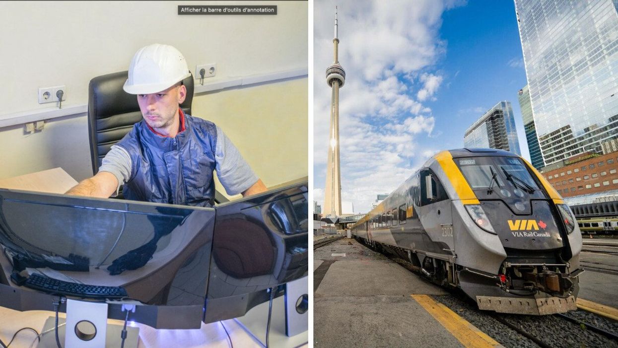 Un opérateur nucléaire à l'oeuvre devant des ordinateurs. Droite: Un train de VIA Rail Canada.