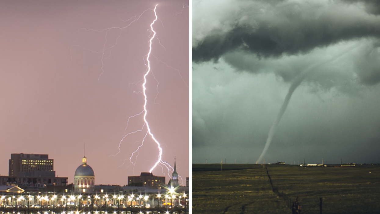 Un orage au-dessus de Montréal. Droite : Une tornade.