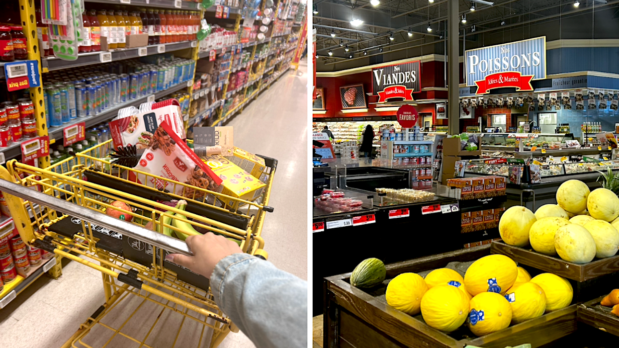 Un panier d'épicerie rempli. Droite : L'intérieur d'une épicerie au Québec.