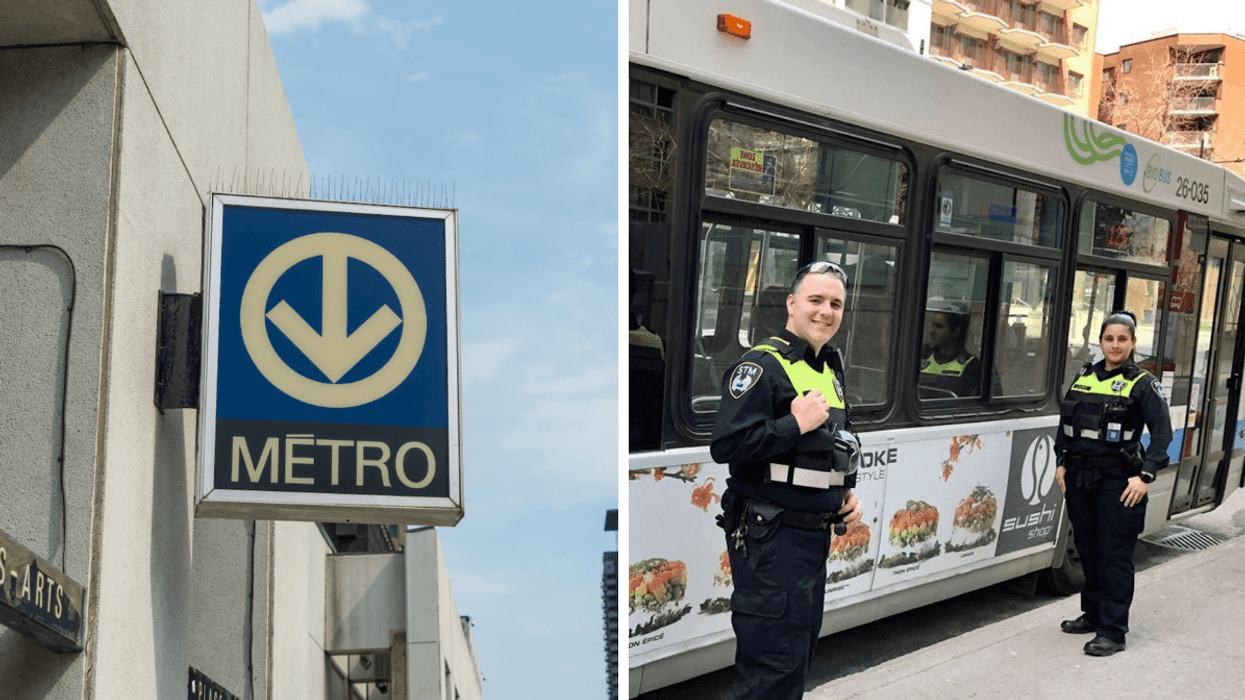 Un panneau du métro de la STM. Droite : Deux constables spéciaux.