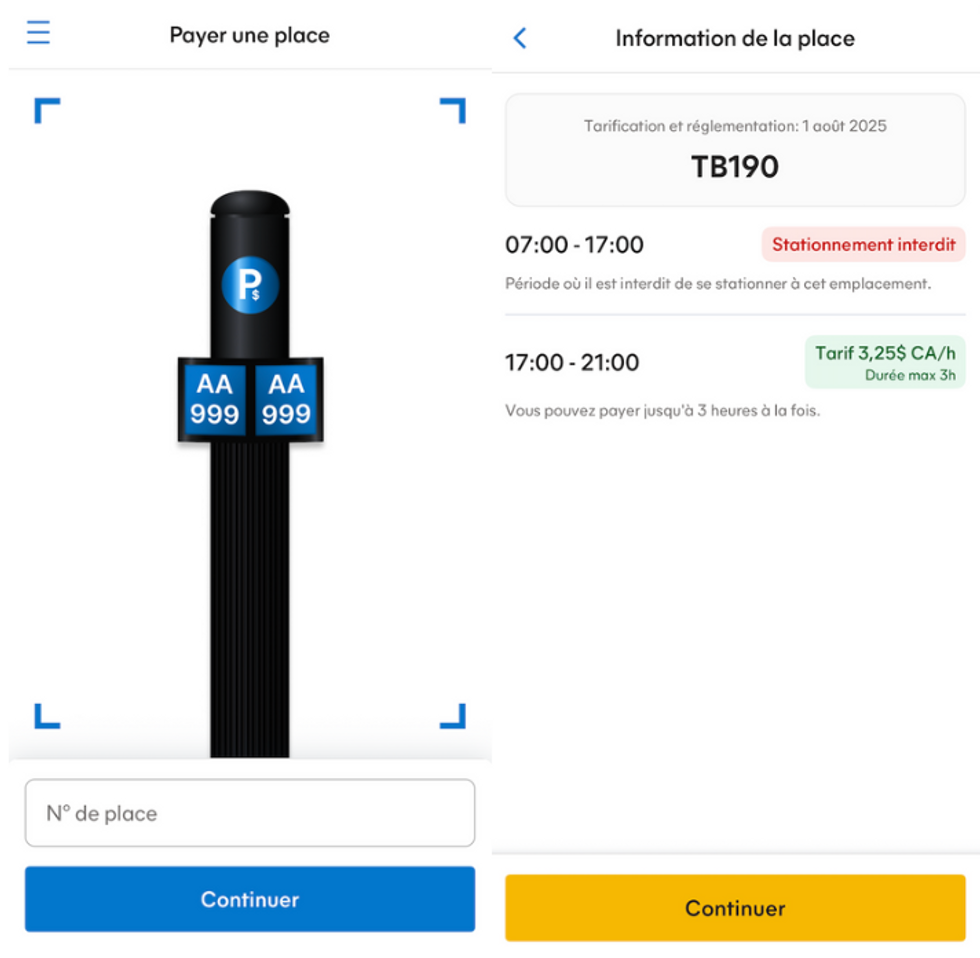 Un parcom\u00e8tre dans l'app. Droite : Un minuteur en direct qui affiche le temps restant. 