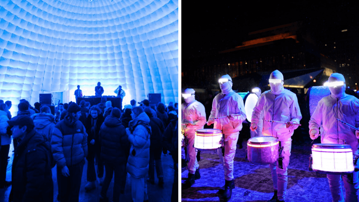 Un party dans un igloo gonflable. Droite : Une troupe de tamtam.