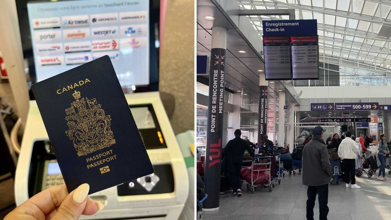 Un passeport canadien. Droite : l'intérieur de l'aéroport de Montréal.